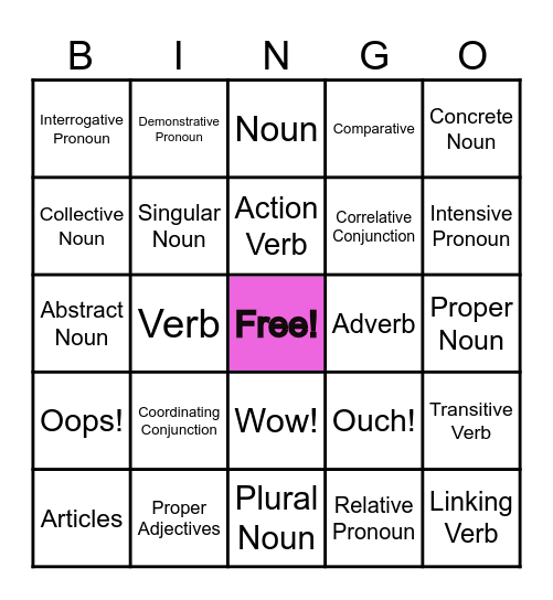Parts of Speech Bingo Card