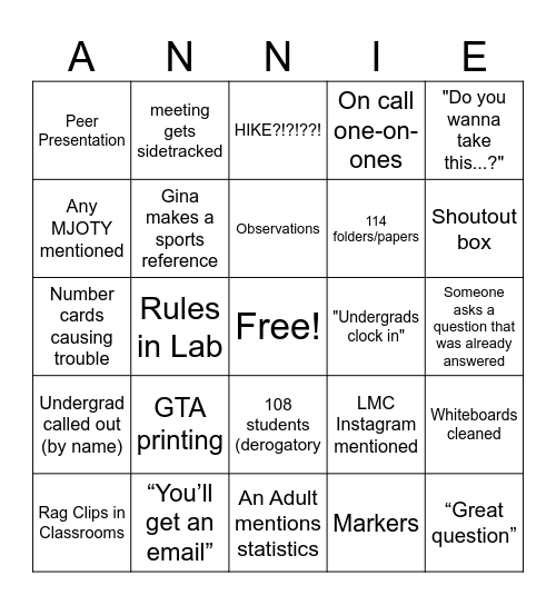 LMC Staff Meeting #1 Bingo Card