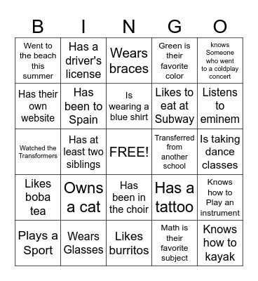 Back-to-School Bingo Card