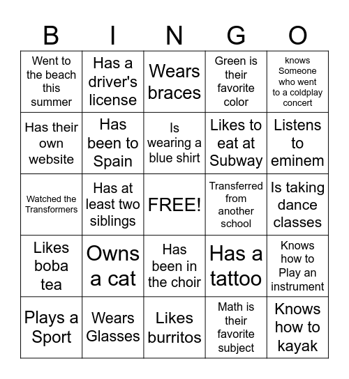 Back-to-School Bingo Card