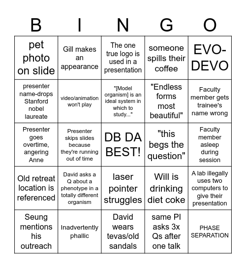DevBio Retreat Bingo Card
