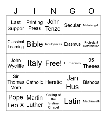Renaissance and Reformation Jingo Bingo Card