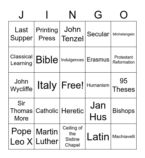 Renaissance and Reformation Jingo Bingo Card