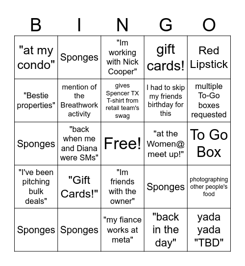 Team Dinner Bingo Card