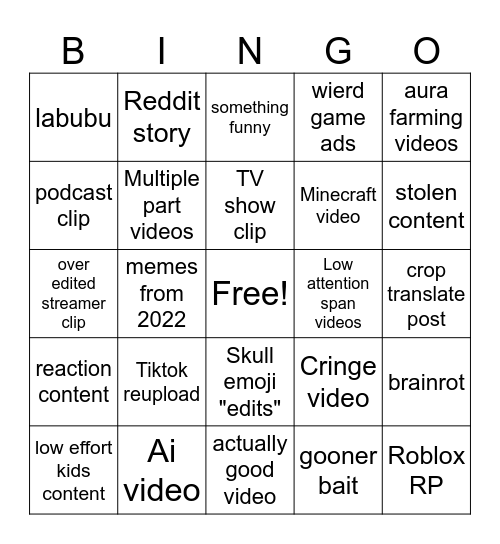 Youtube shorts bingo Card