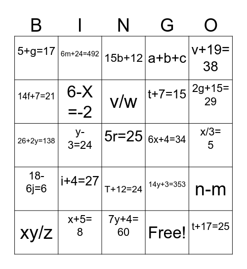 Algebra Bingo KEY Bingo Card