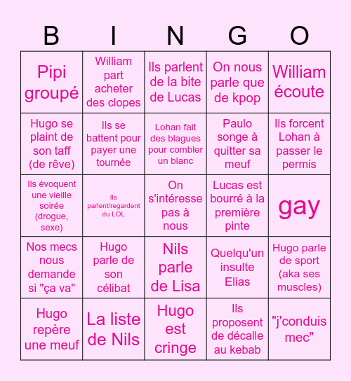 Soirée bar avec les garçons Bingo Card