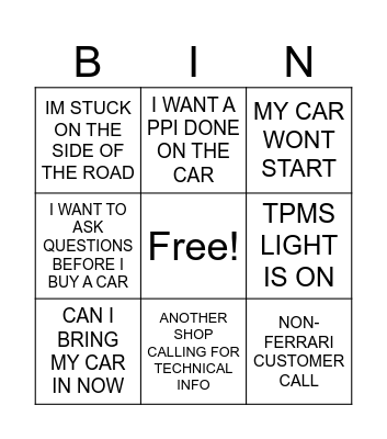 FERRARI SERVICE Bingo Card