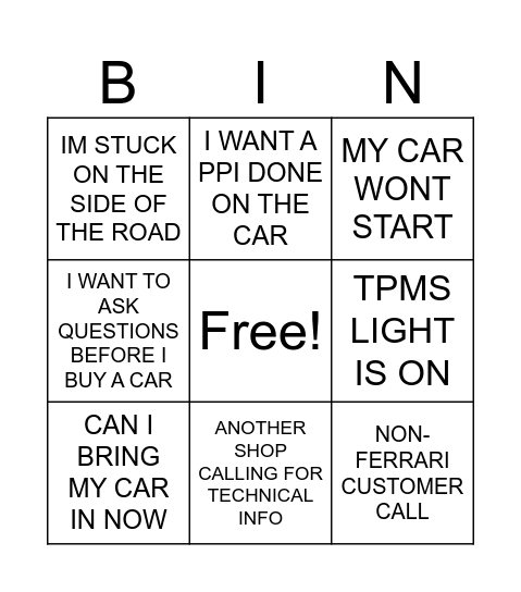 FERRARI SERVICE Bingo Card