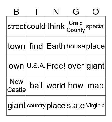 Me On the Map Bingo Card