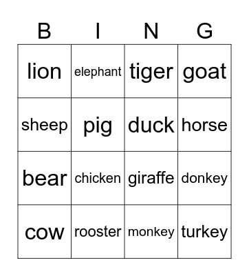 Farm Animials Bingo Card