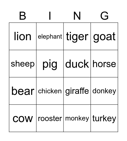 Farm Animials Bingo Card