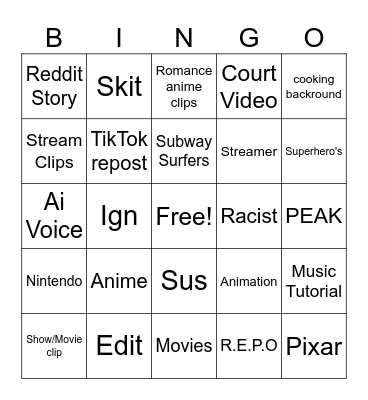 Yt shorts bingo Card