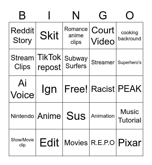 Yt shorts bingo Card