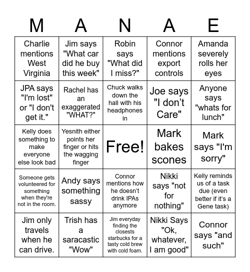 Manager Bingo Card