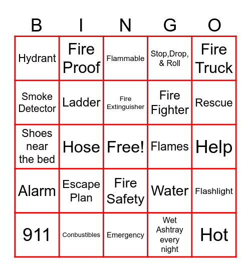 Fire Prevention Bingo Card