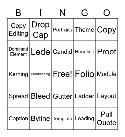 Yearbook Vocabulary Terms Bingo Card
