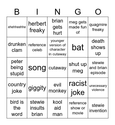 Family Guy Bingo Card