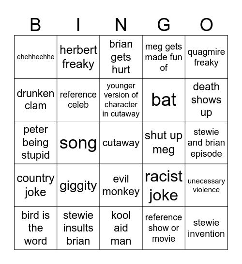 Family Guy Bingo Card
