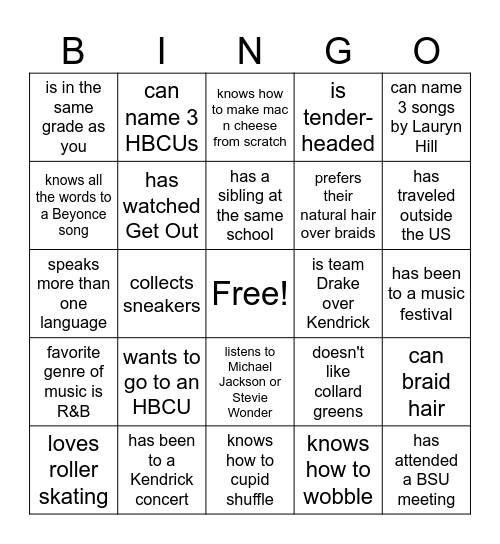 BSU Bingo Card