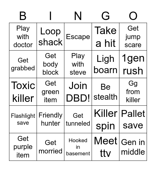 DBD survivor Bingo Card