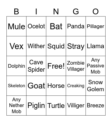 Minecraft Mob Kill Bingo Card