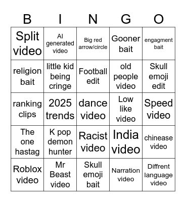 youtube shorts bingo Card