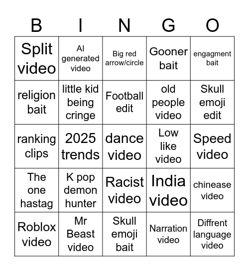 youtube shorts bingo Card