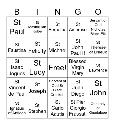 Family Faith Night Saint Bingo Card