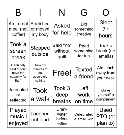 Self-Care Bingo Card