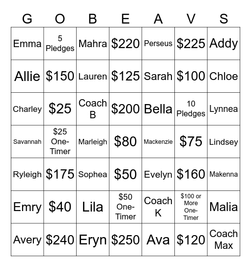 LADY BEAVER FUNDRAISER Bingo Card