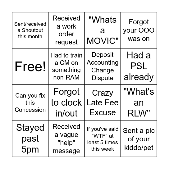 RAM Bingo Card