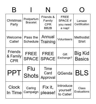 Childbirth Ed September Meeting Bingo Card