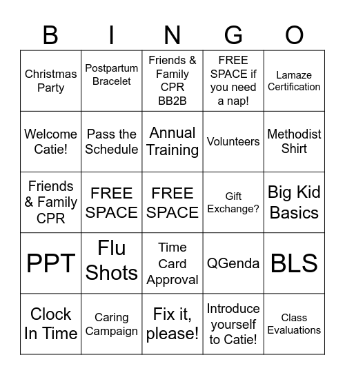 Childbirth Ed September Meeting Bingo Card