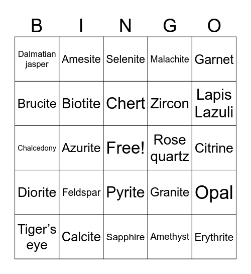 Mineral Bingo Card