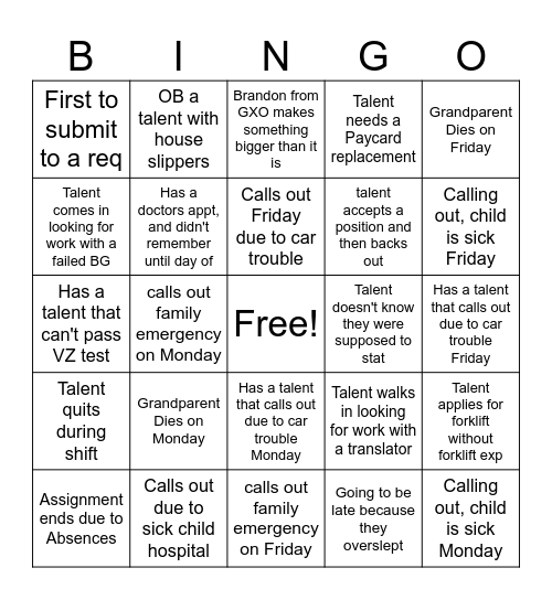 Staffing Bingo Card