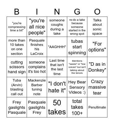 Recording Session Bingo!! Bingo Card