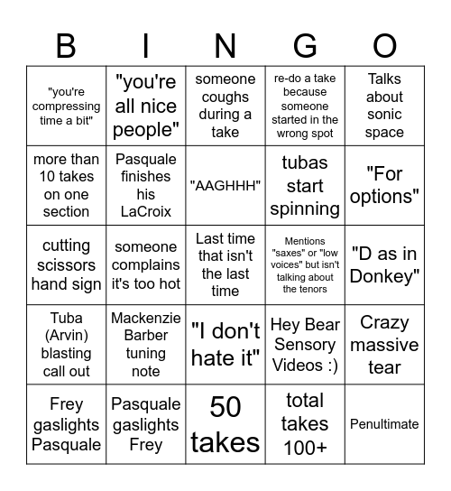 Recording Session Bingo!! Bingo Card