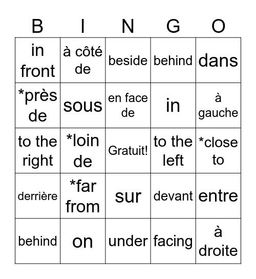 Les prépositions de lieu Bingo Card