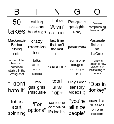 Recording Session Bingo !! Bingo Card