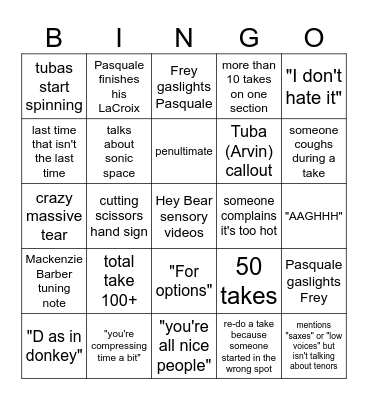 Recording Session Bingo !!! Bingo Card