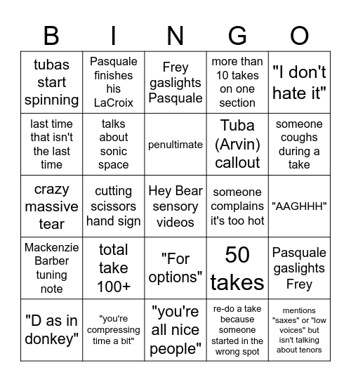 Recording Session Bingo !!! Bingo Card