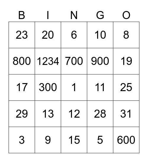 Numbers in English Bingo Card