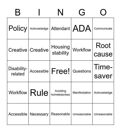 DRTx Housing Accommodation Bingo Card