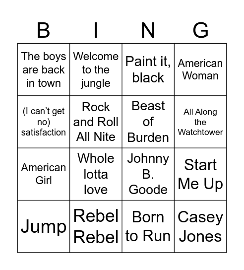 Classic Rock Bingo Card