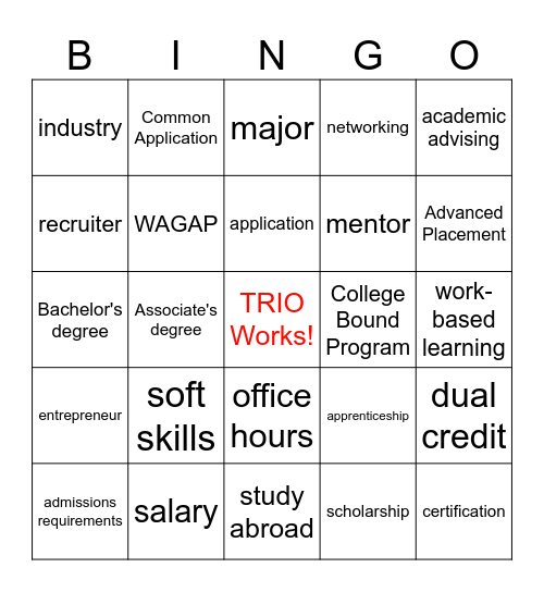 College and Career BINGO Card