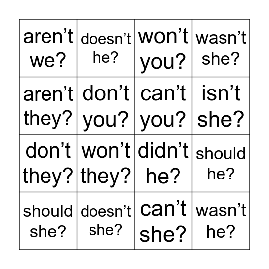 Tag Questions Bingo Card