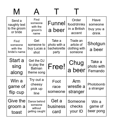 Bachelor Party Bingo Card