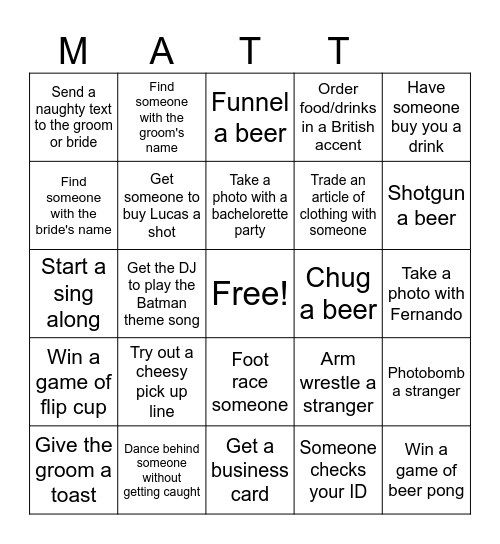 Bachelor Party Bingo Card