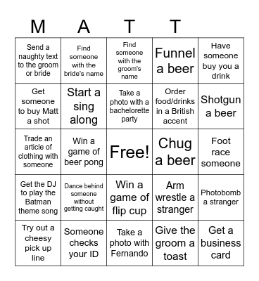 Bachelor Party Bingo Card